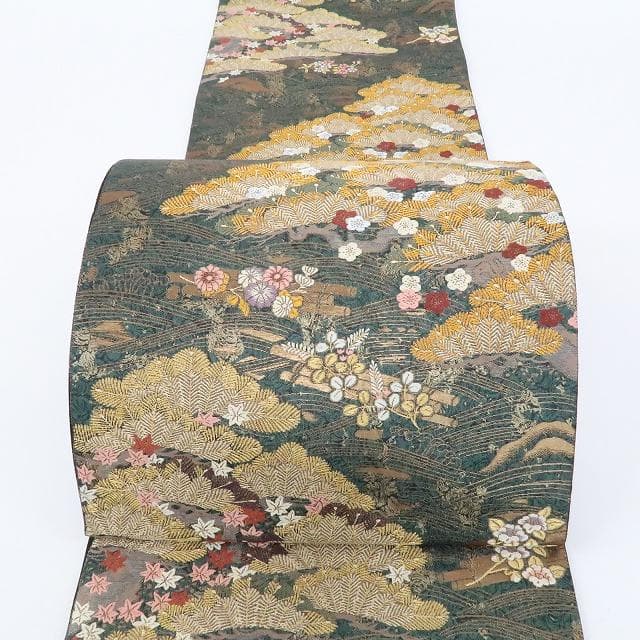新品 正絹 着物“波に乗って舞い上がる松に梅、花筏☆”袋帯 L-20