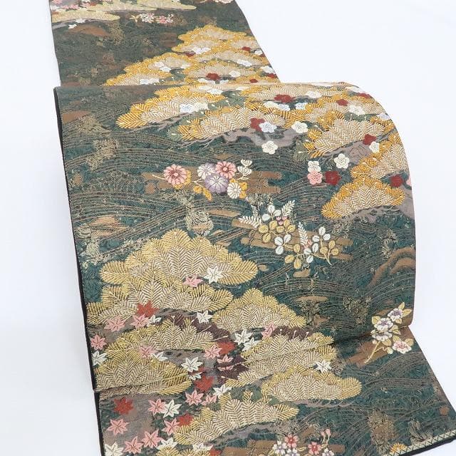 新品 正絹 着物“波に乗って舞い上がる松に梅、花筏☆”袋帯 L-20