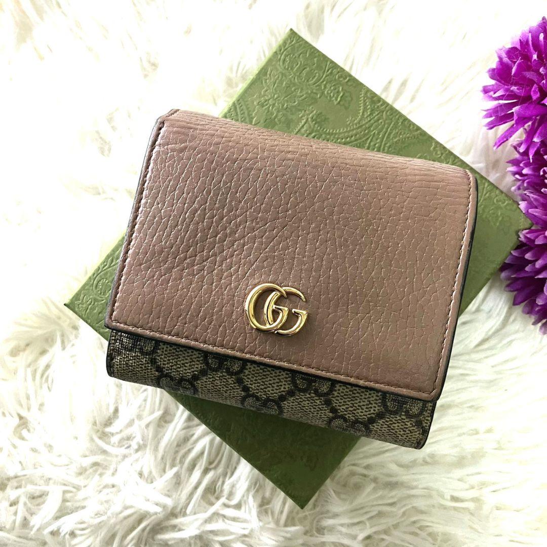 極美✨GUCCI 二つ折り財布 GG マーモント レザー ベージュ