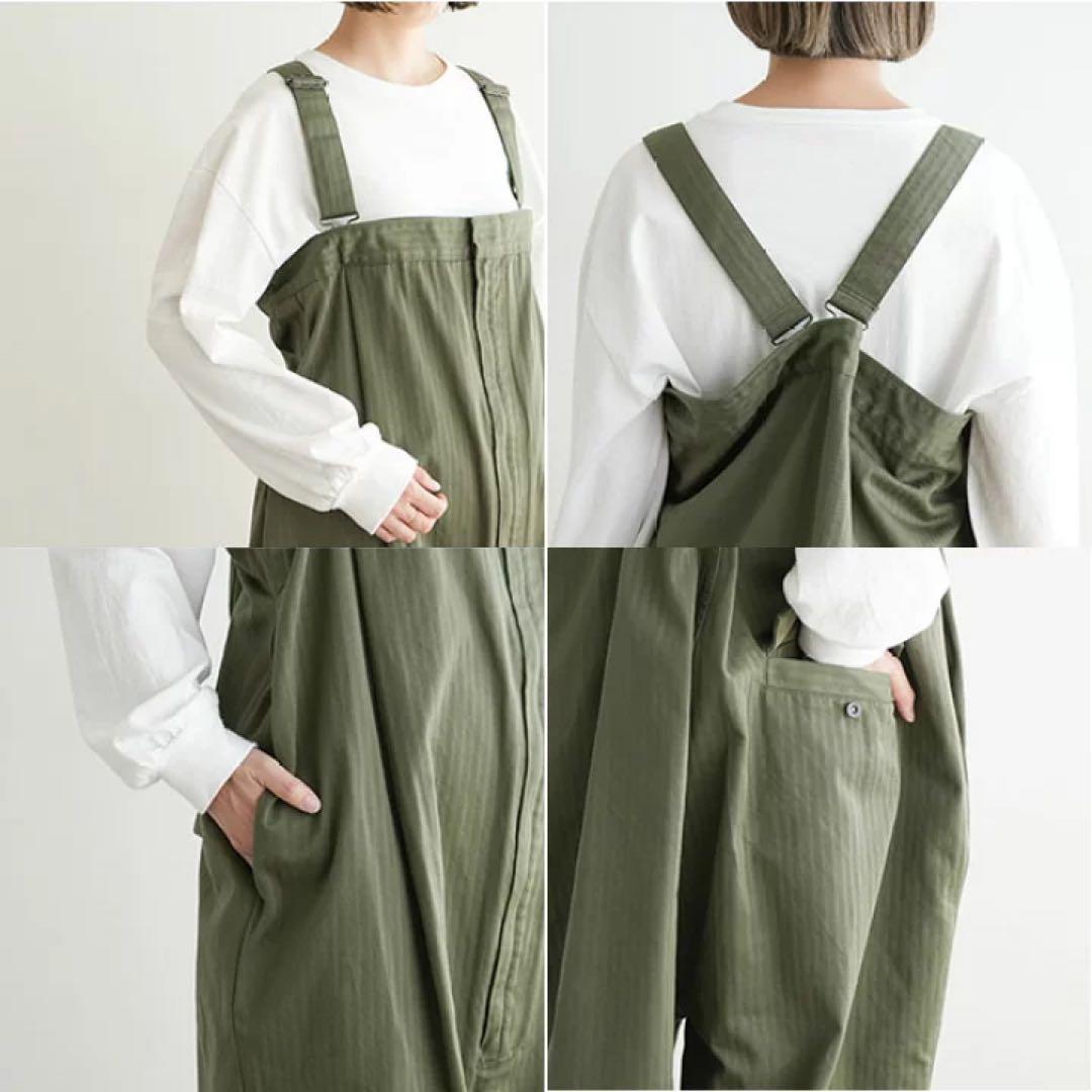 美品　FIRMUM スーピマヘリンボーンツイルサカナヤパンツ　カーキ　サロペット