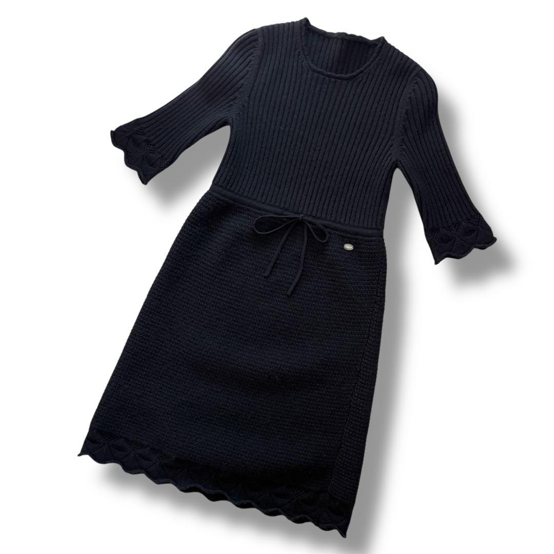 CHANEL シャネル カシミヤ 半袖 膝丈 リブニット ワンピース ブラック黒