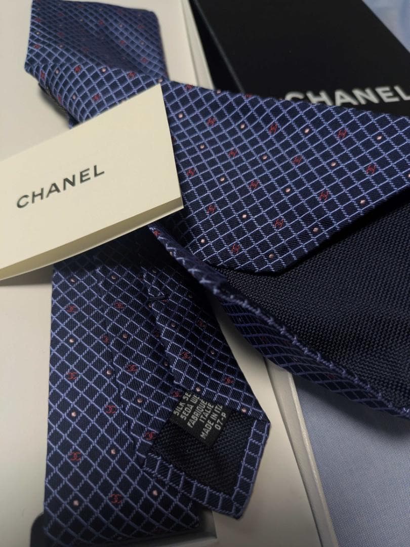 CHANEL ネイビー チェック柄 ネクタイ