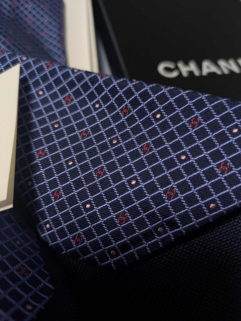 CHANEL ネイビー チェック柄 ネクタイ