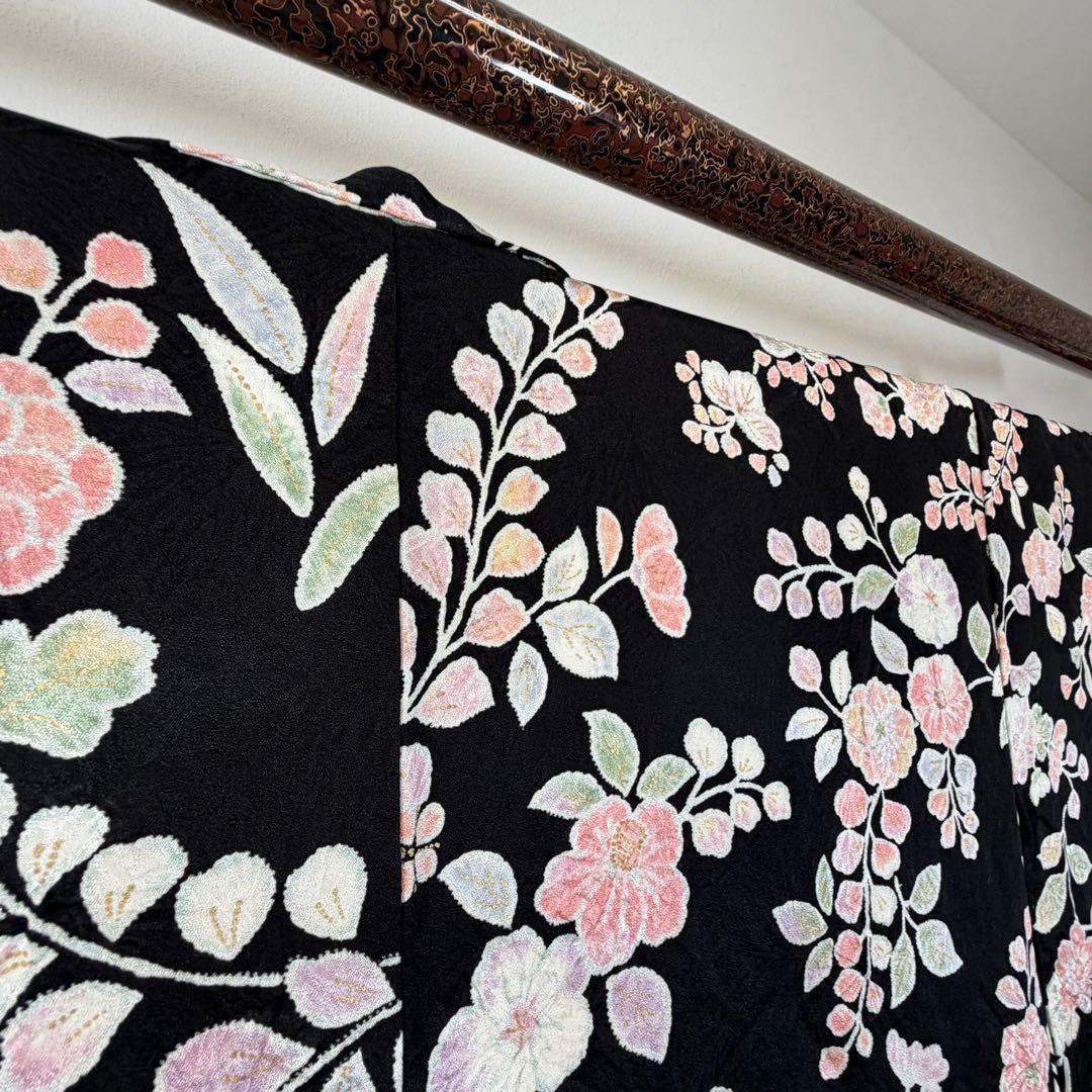 超美品　正絹　小紋　和装　着物　袷　168裄66 三越　辻ヶ花　トール　黒　薄紫