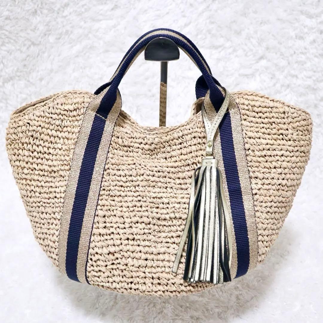 美品★ヴィオラドーロ かごバッグ ラフィア タッセル ラメ ネイビー×ゴールド