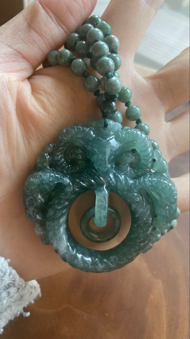 天然石 ミャンマー翡翠 羊の彫刻 ロングネックレス 仕事運順調 吉祥如意