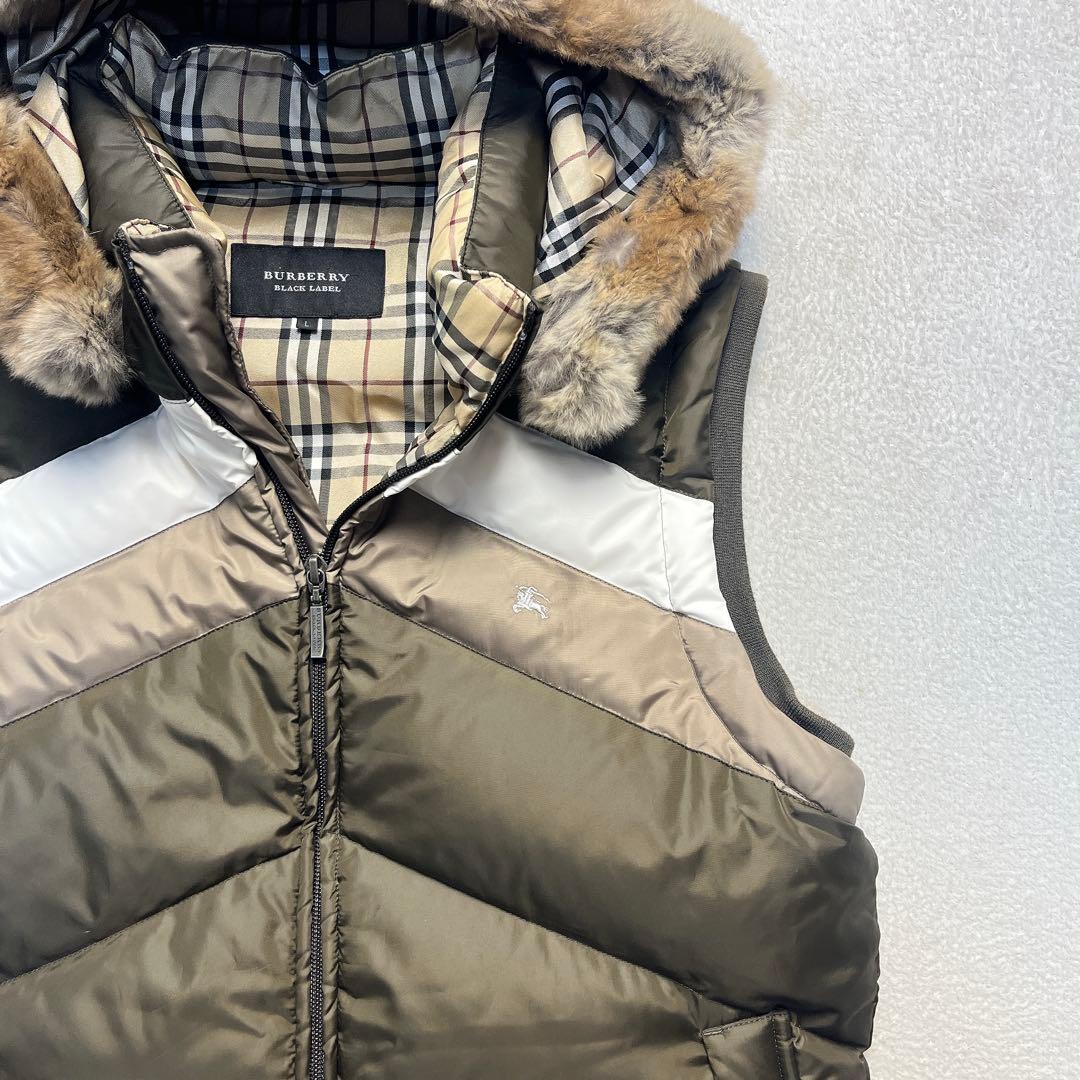 バーバリーブラックレーベル ラビットファー ノバチェック ダウンベスト L