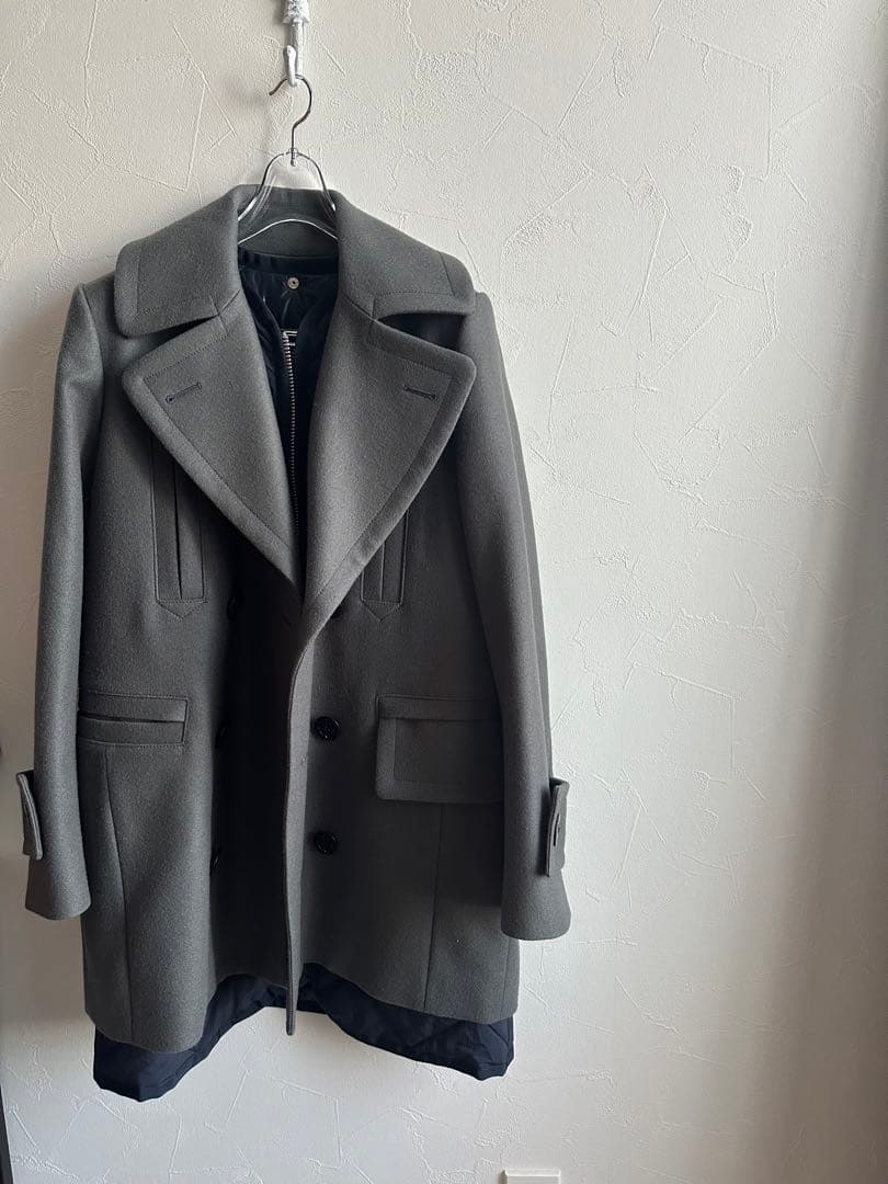 sacaiグレー ウール ダブルブレスト ピーコート