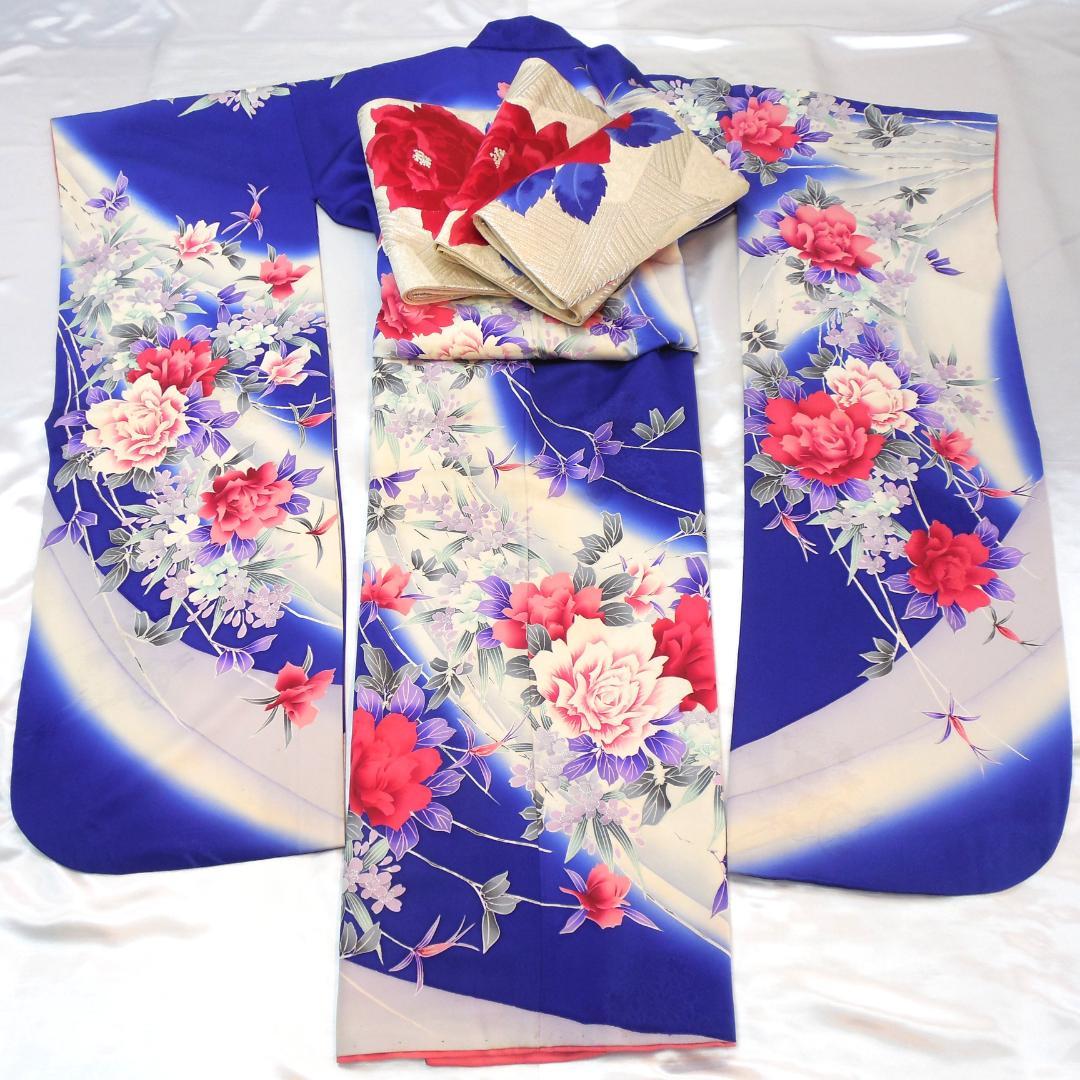 美品★振袖フルセット　振袖　正絹　成人式　Mサイズ　ブルー　青　花柄　バラ