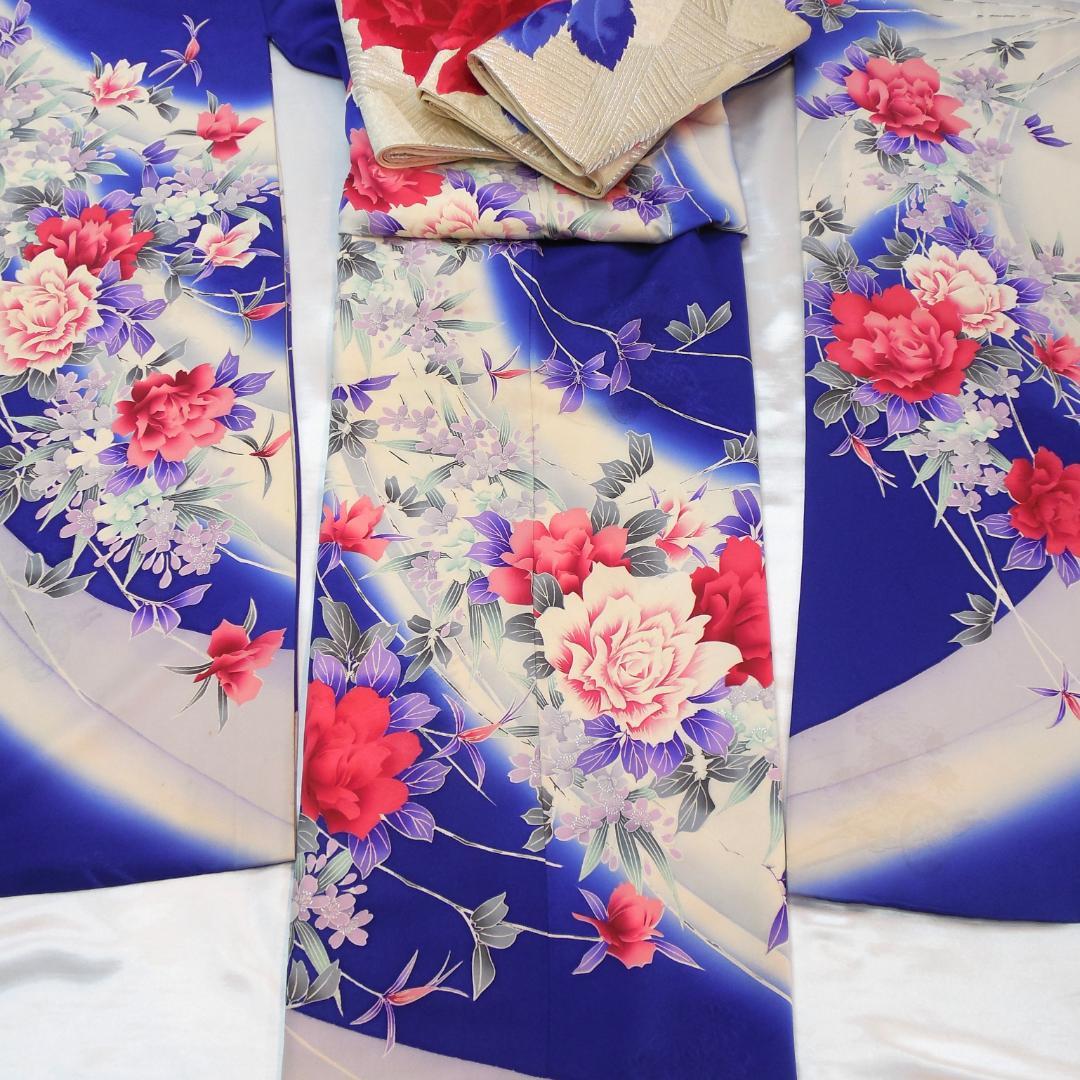 美品★振袖フルセット　振袖　正絹　成人式　Mサイズ　ブルー　青　花柄　バラ