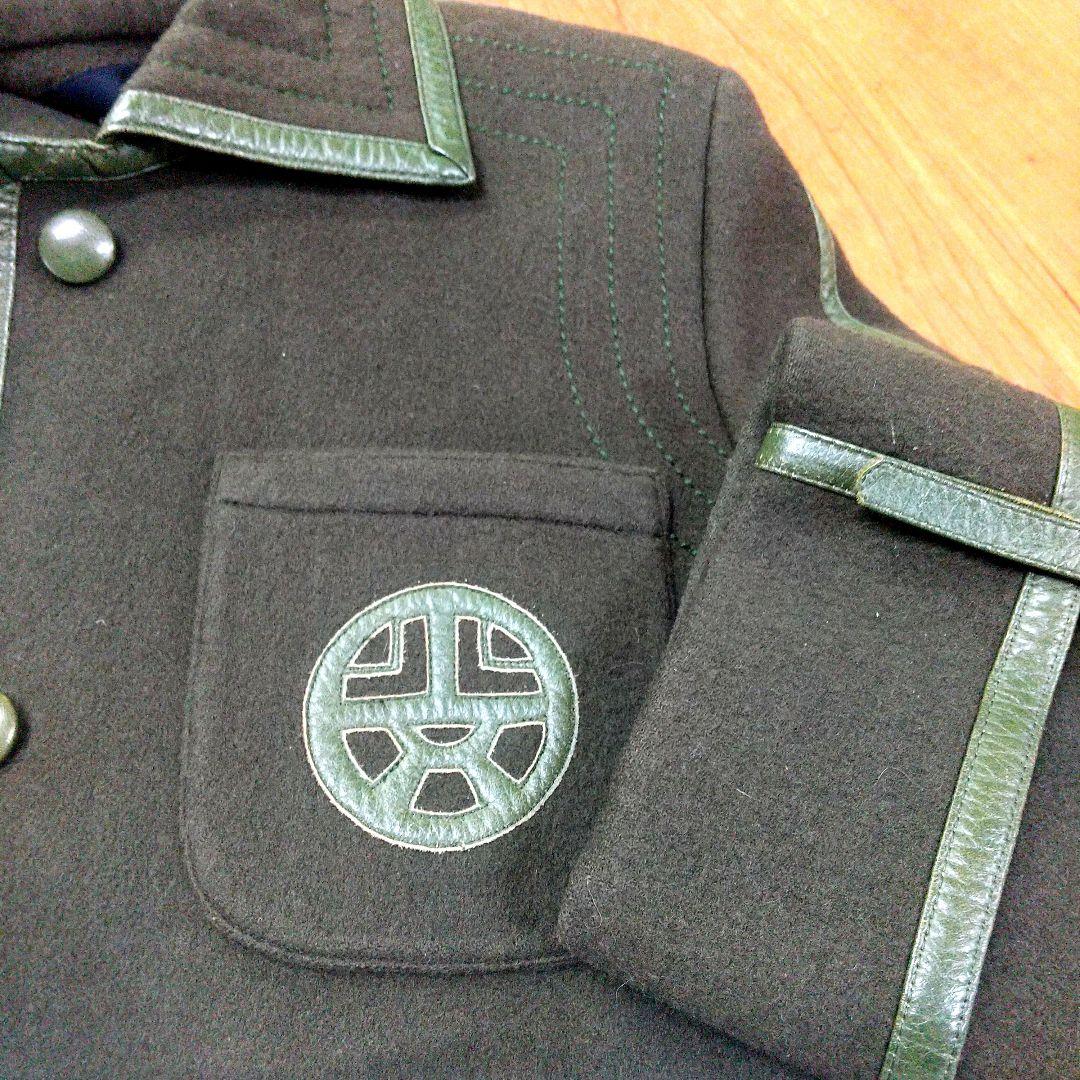 Louis Feraud グリーンウール ロングコート レザーパイピング 刺繍