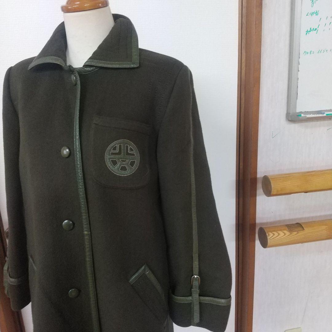Louis Feraud グリーンウール ロングコート レザーパイピング 刺繍