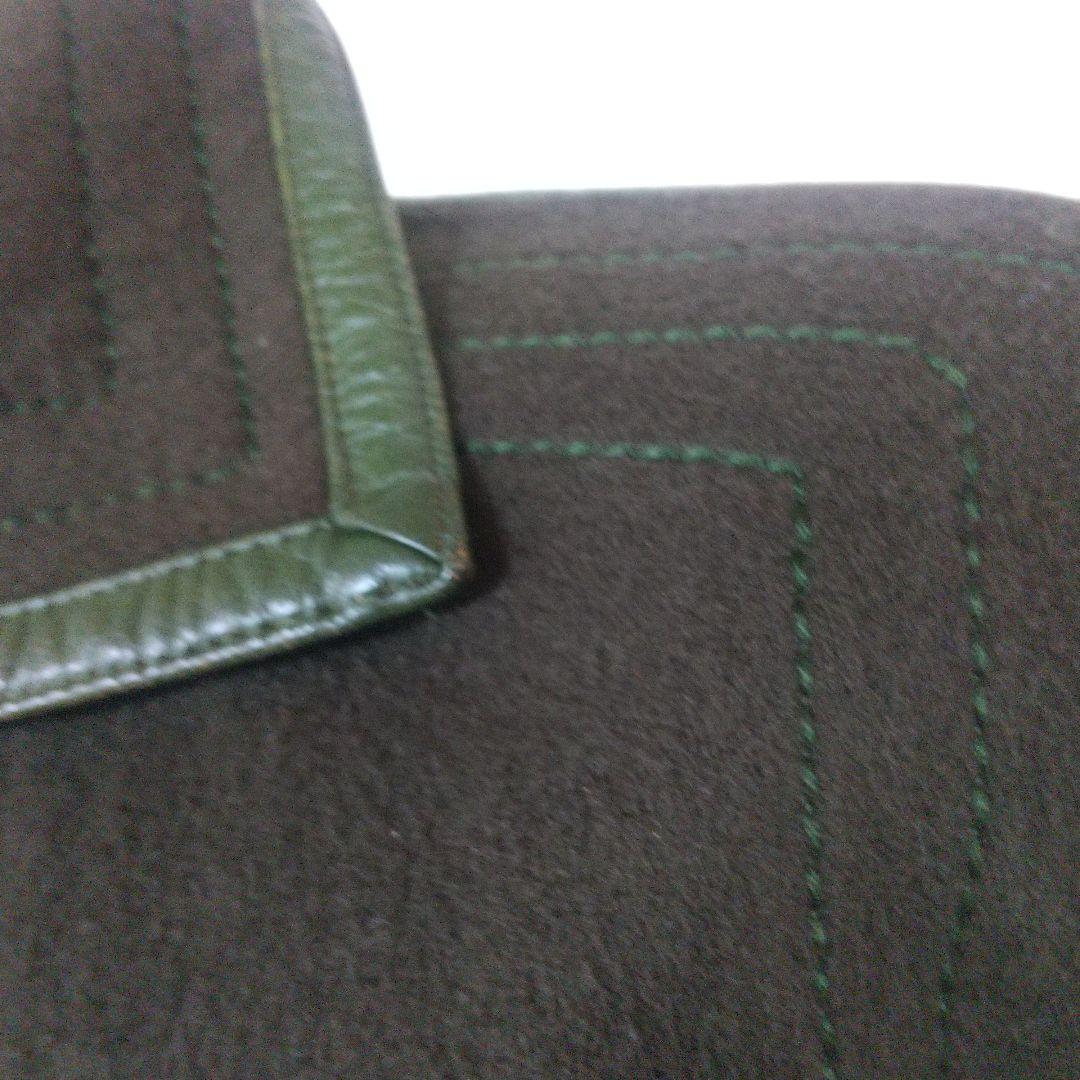 Louis Feraud グリーンウール ロングコート レザーパイピング 刺繍