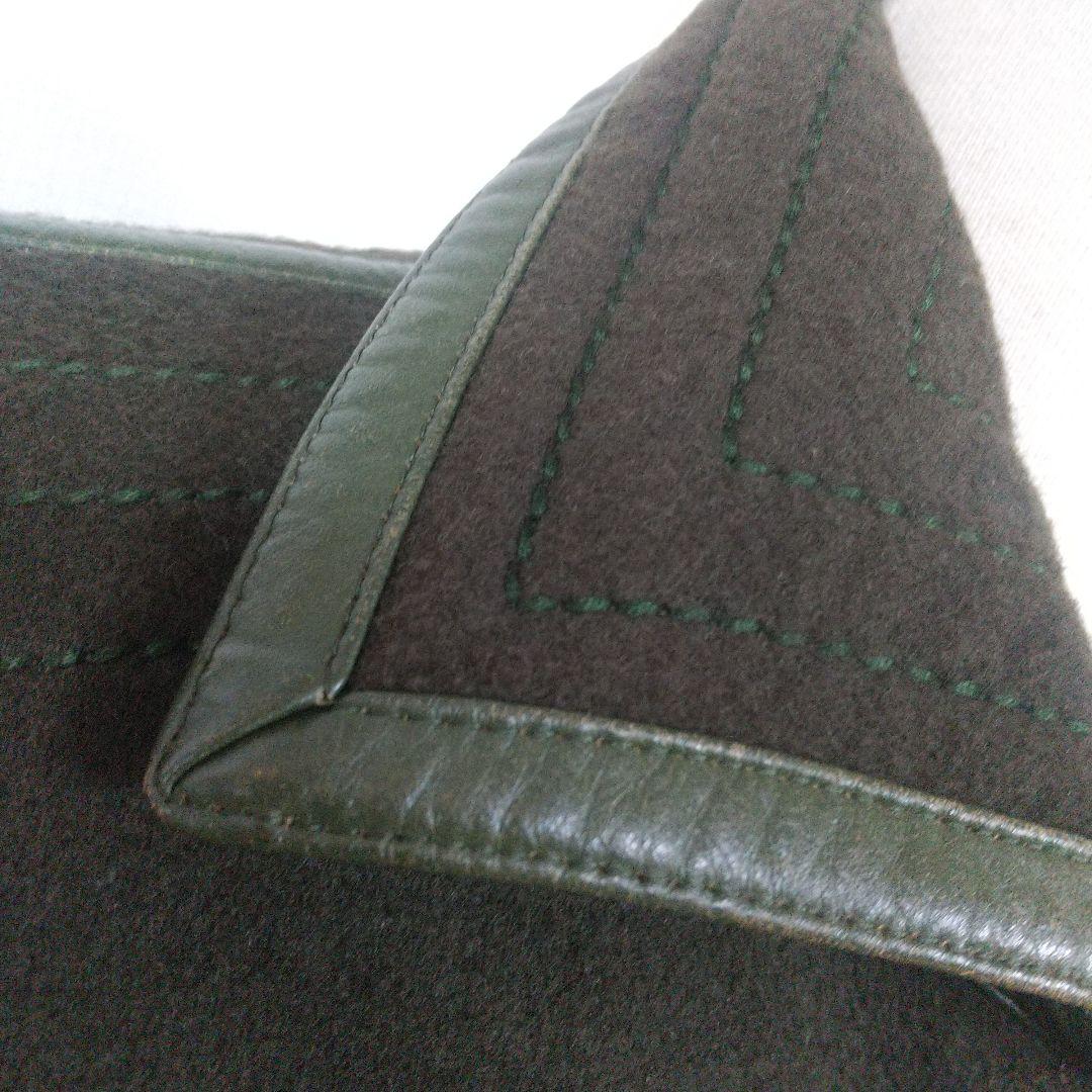 Louis Feraud グリーンウール ロングコート レザーパイピング 刺繍