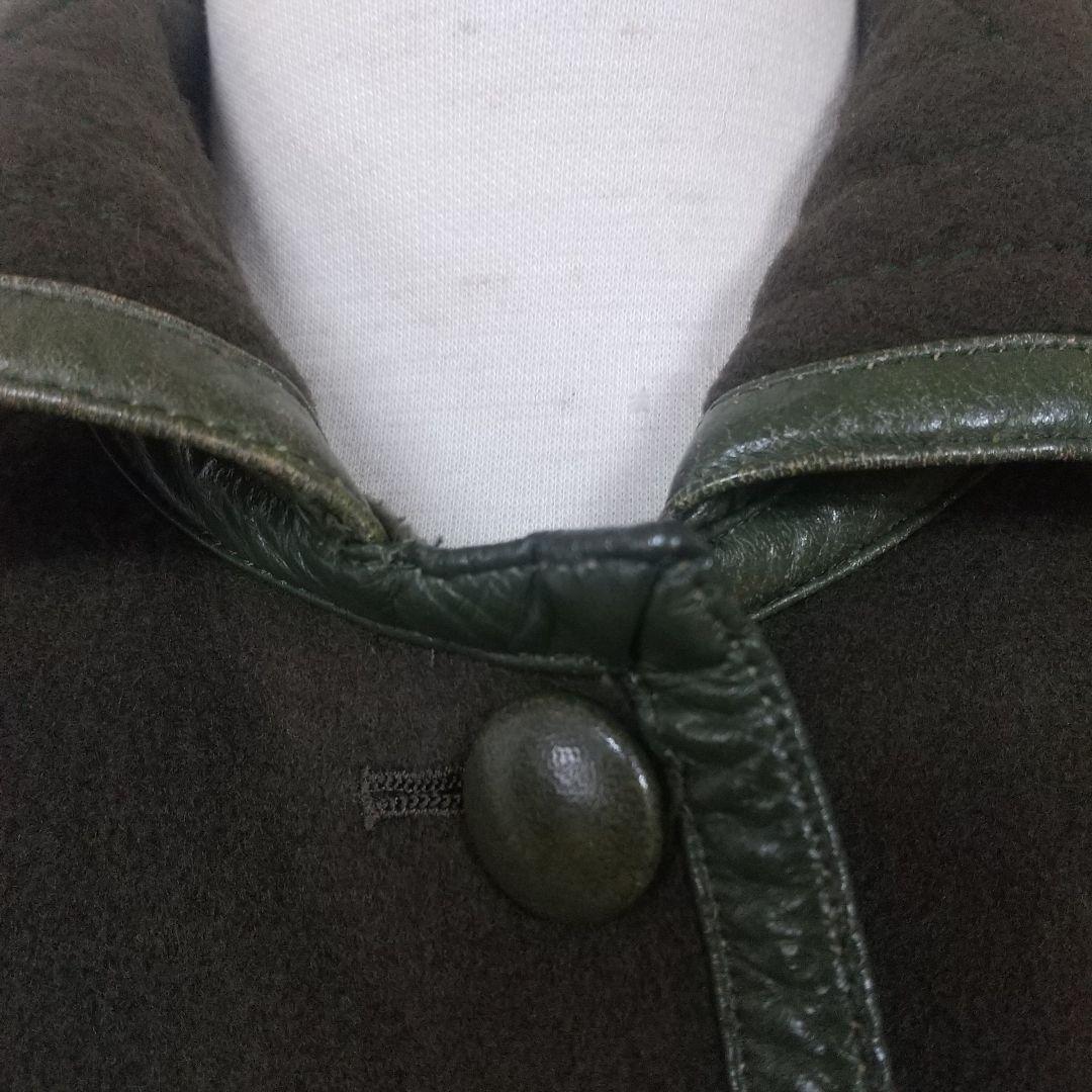 Louis Feraud グリーンウール ロングコート レザーパイピング 刺繍