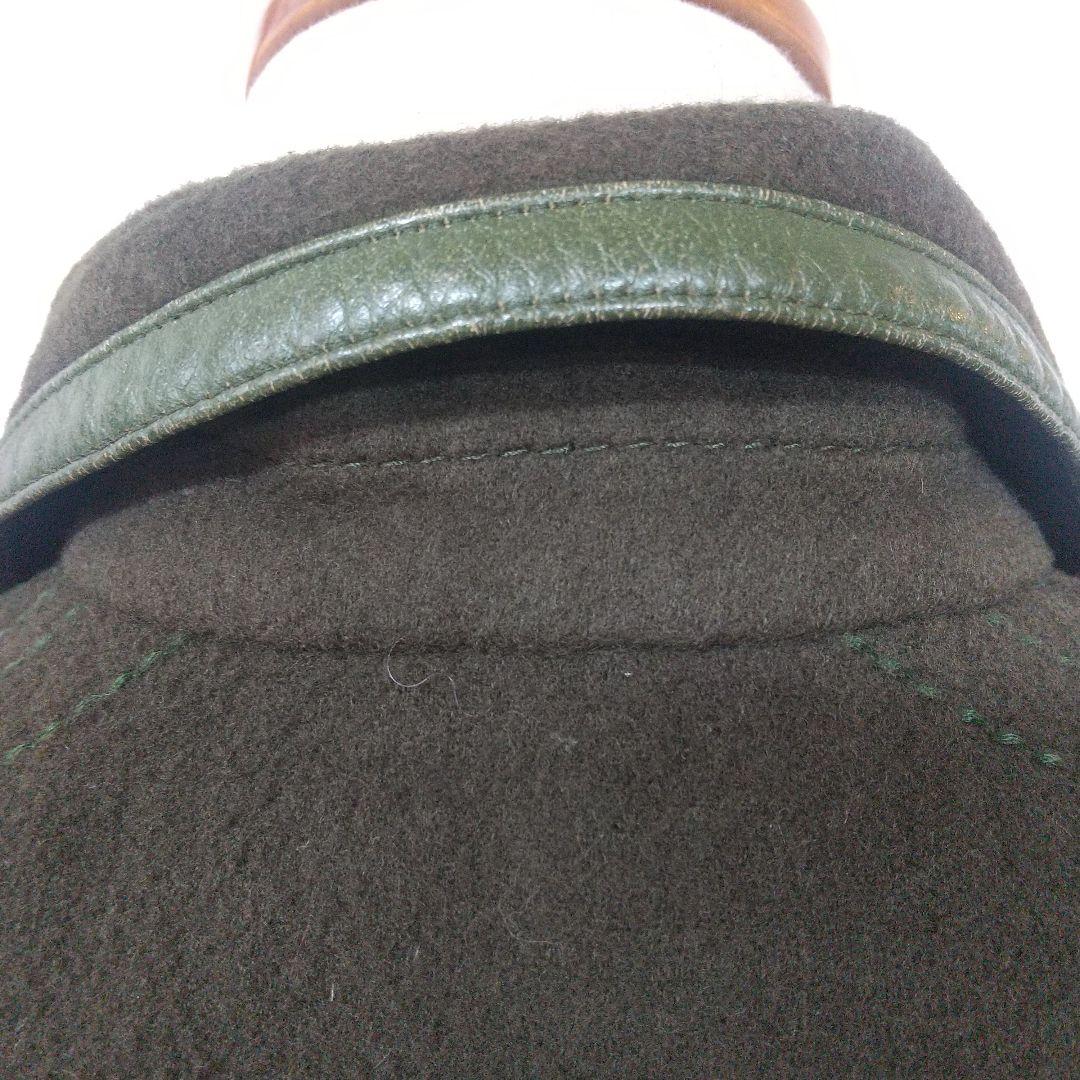 Louis Feraud グリーンウール ロングコート レザーパイピング 刺繍