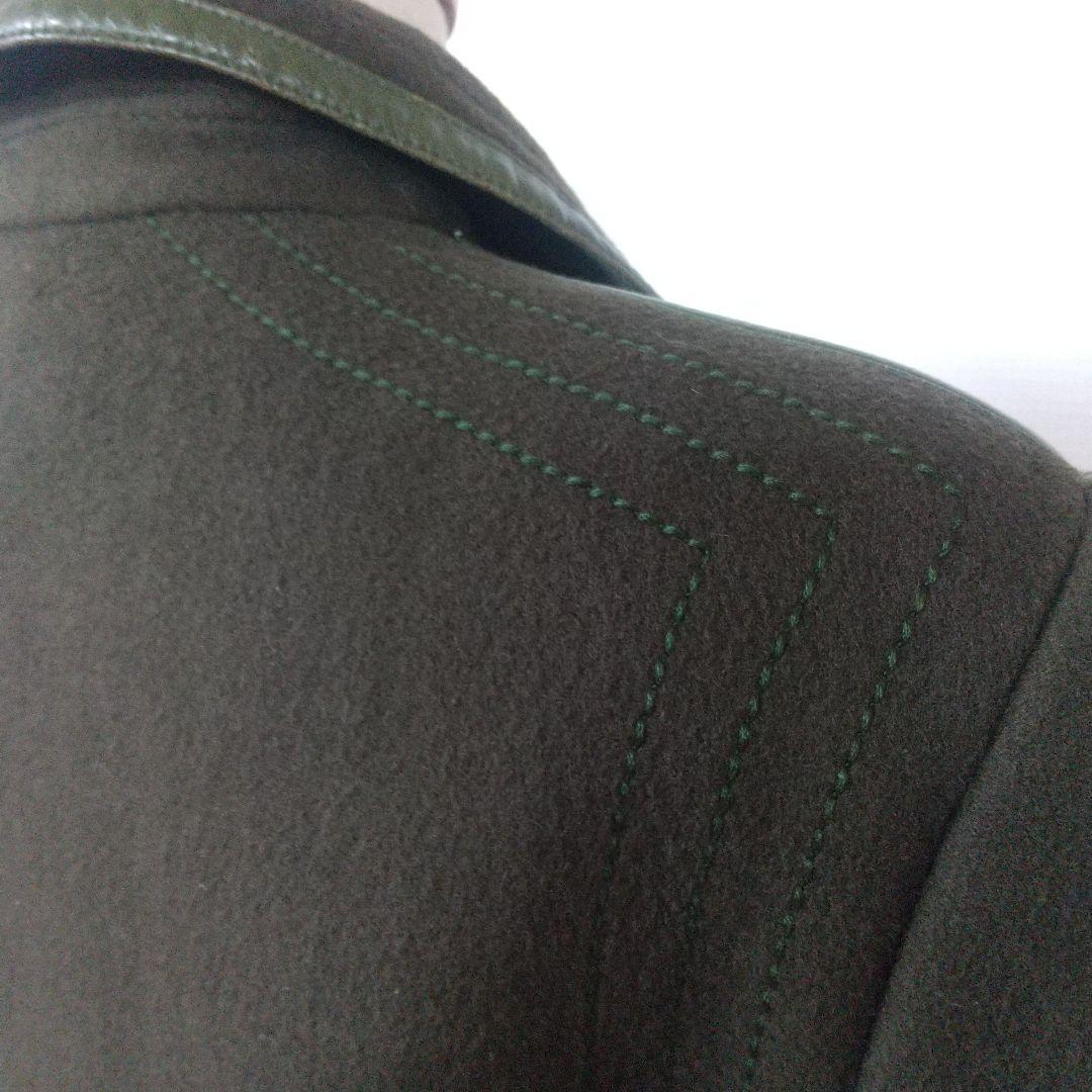 Louis Feraud グリーンウール ロングコート レザーパイピング 刺繍