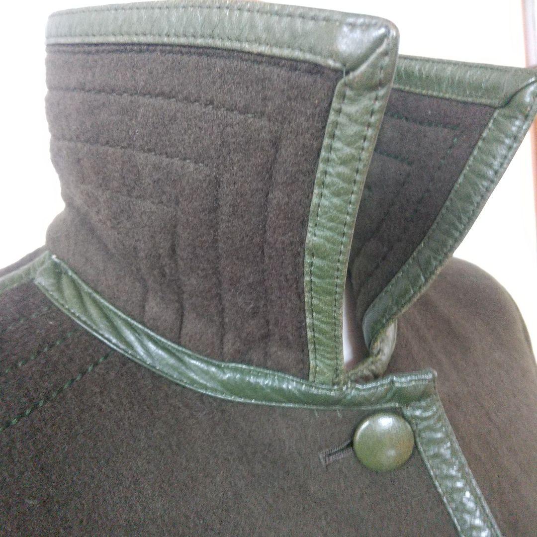 Louis Feraud グリーンウール ロングコート レザーパイピング 刺繍