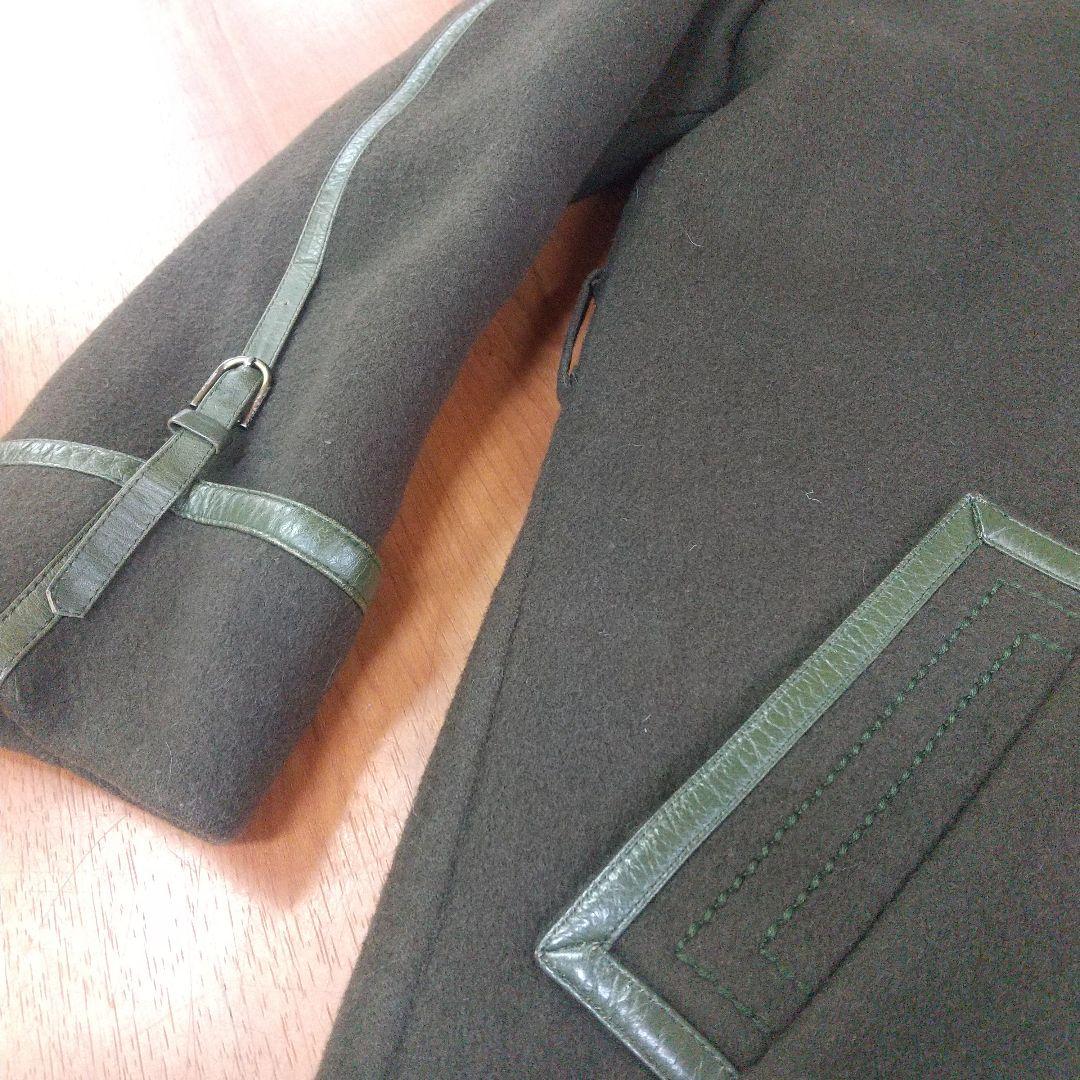 Louis Feraud グリーンウール ロングコート レザーパイピング 刺繍