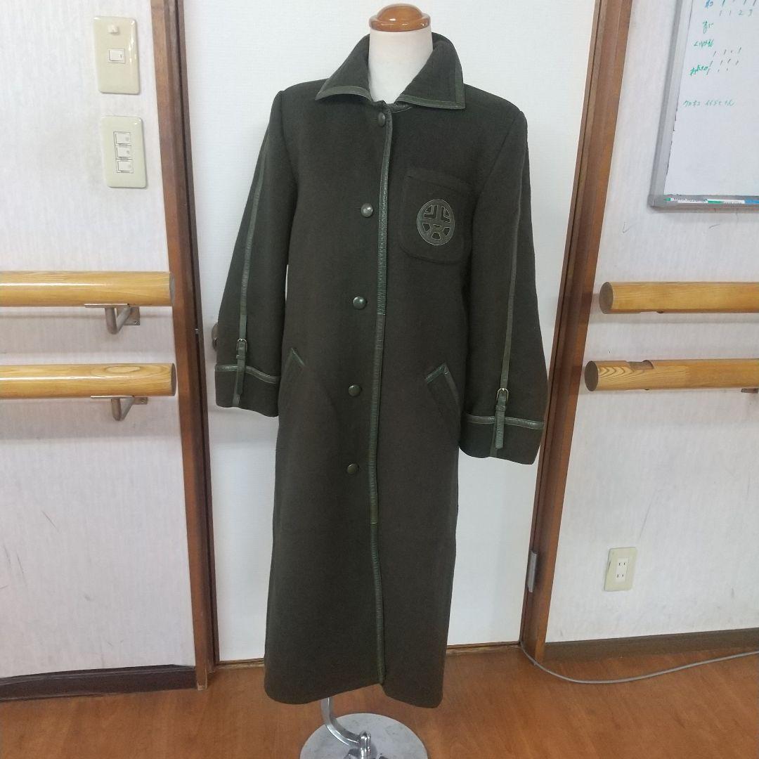 Louis Feraud グリーンウール ロングコート レザーパイピング 刺繍