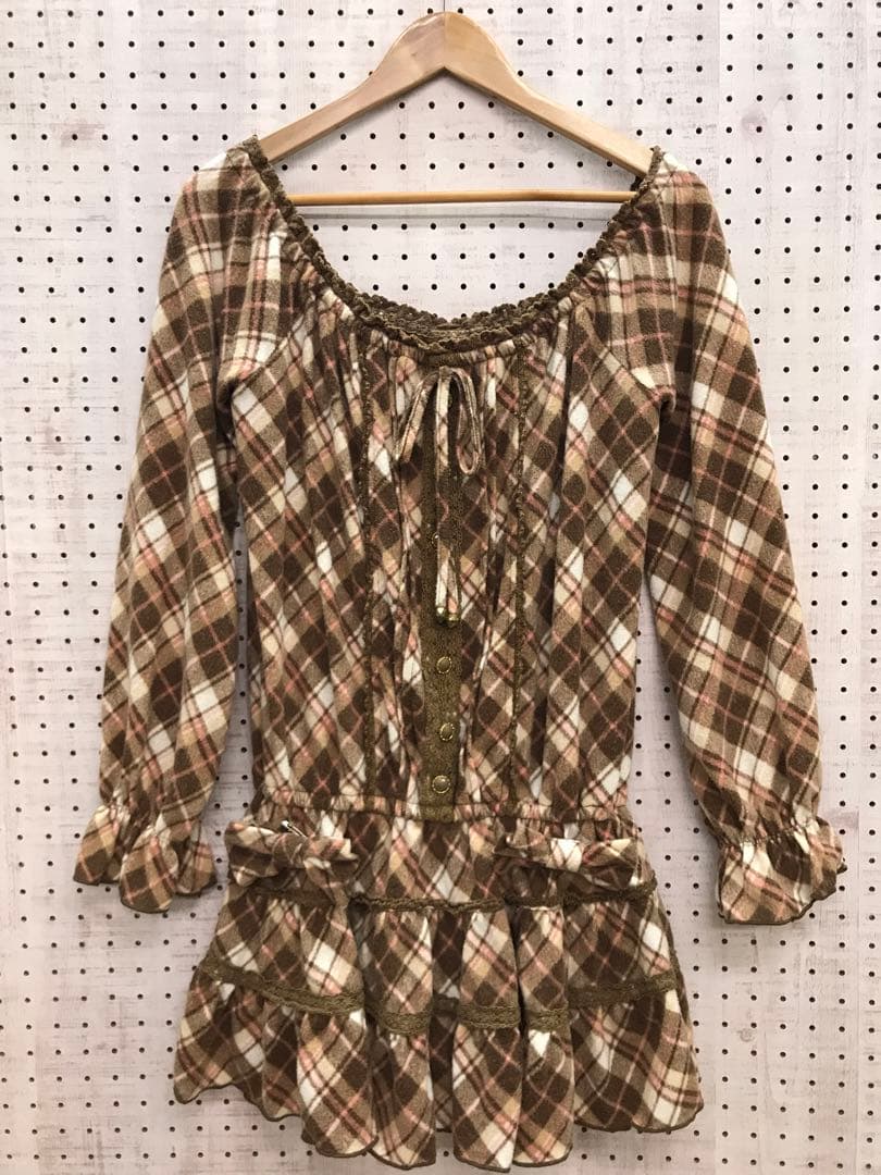 姫ギャル 古着 LIZLISA チェック オフショルダーチュニックワンピース