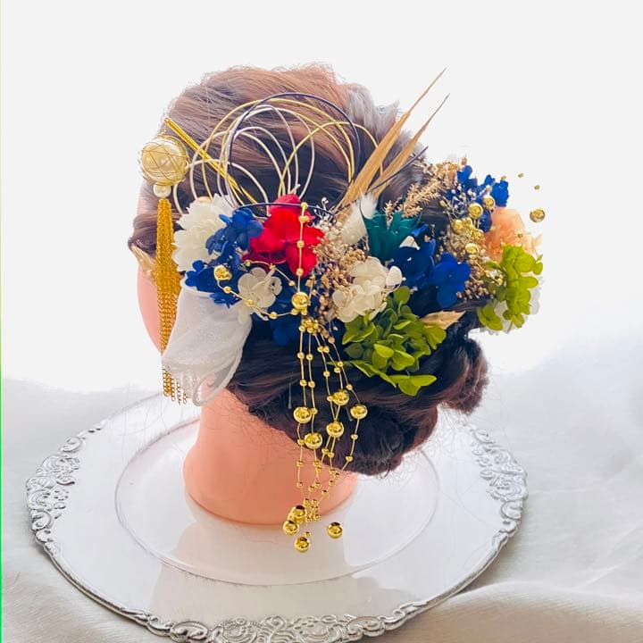 成人式髪飾り　結婚式髪飾り　パールチェーンタッセル　紫陽花水引　金箔　卒業式　袴