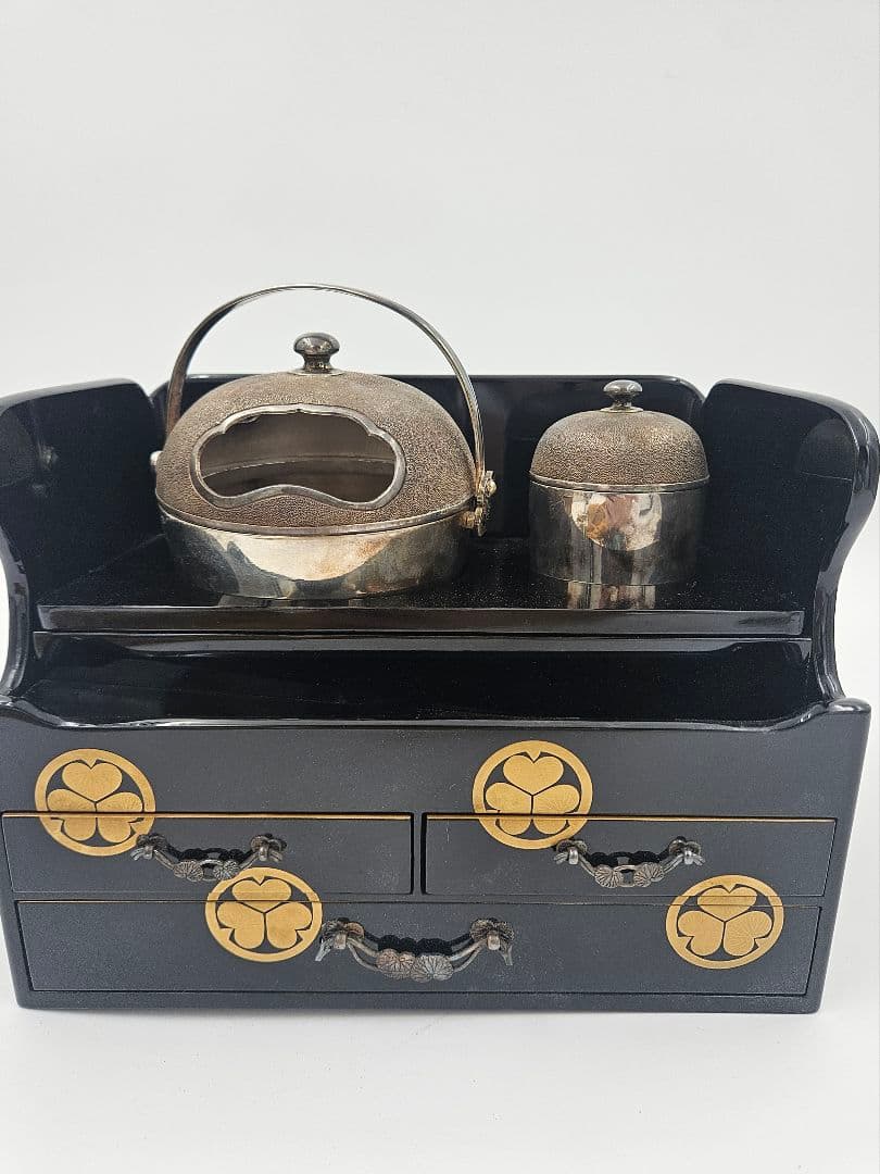 御煙草盆 黒塗御紋付 江戸時代 大名道具 三つ葉葵紋　 時代喫煙具　純銀