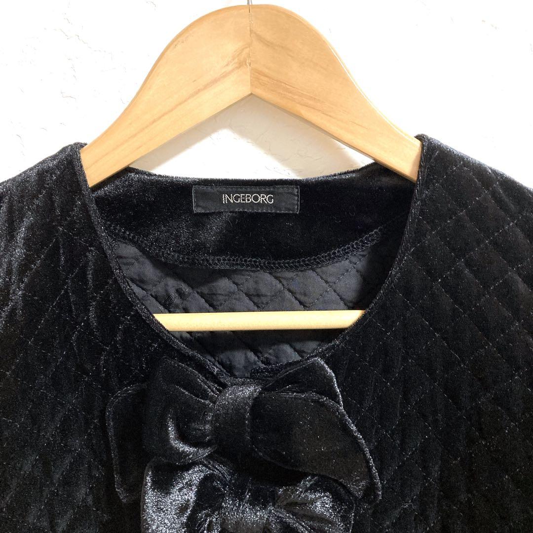 INGEBORG リボン ブラックベルベット　ノーカラー ベロア