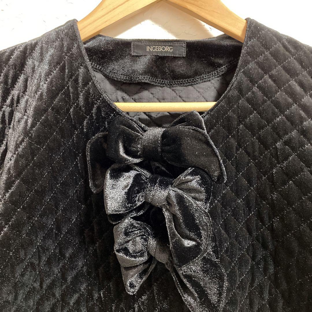 INGEBORG リボン ブラックベルベット　ノーカラー ベロア