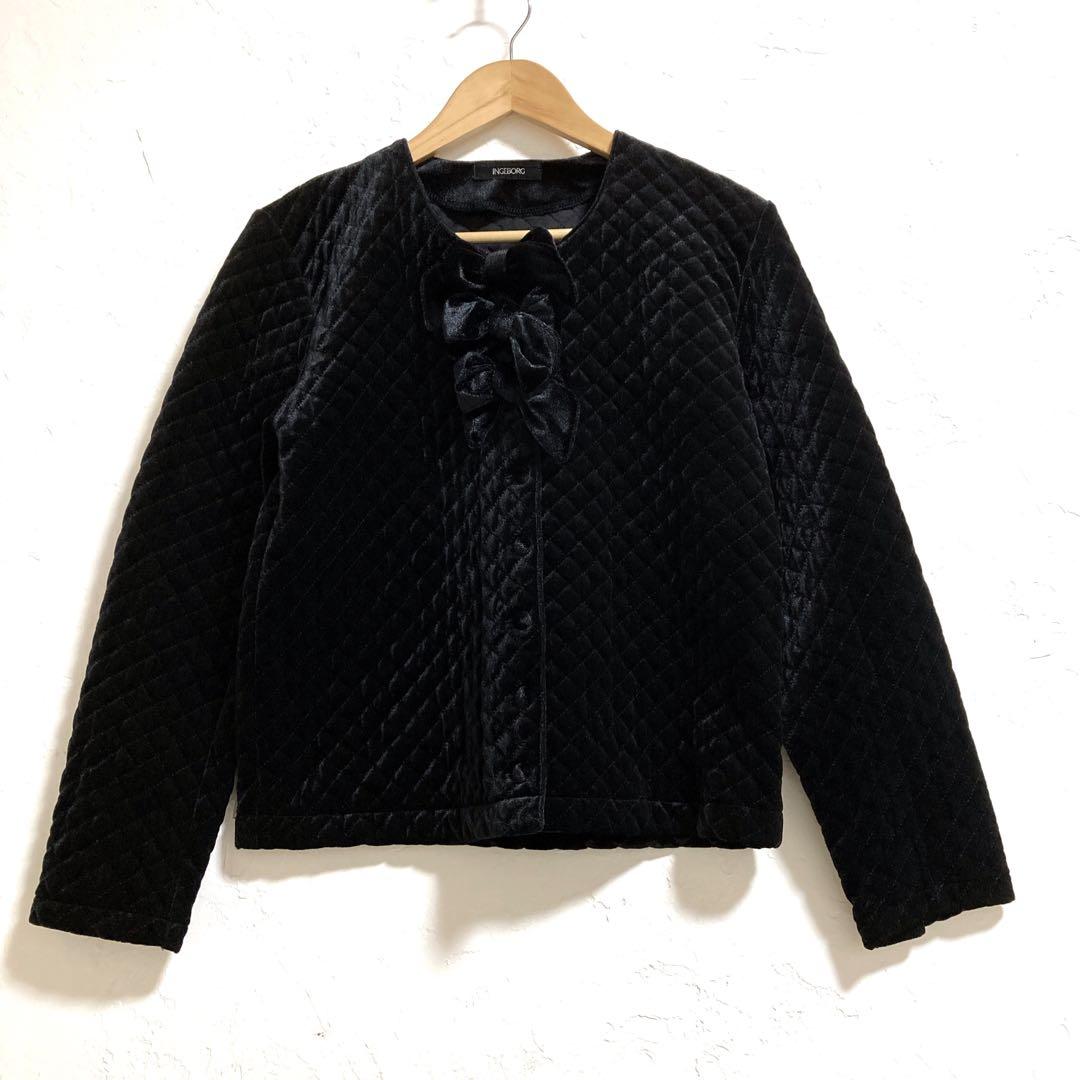 INGEBORG リボン ブラックベルベット　ノーカラー ベロア