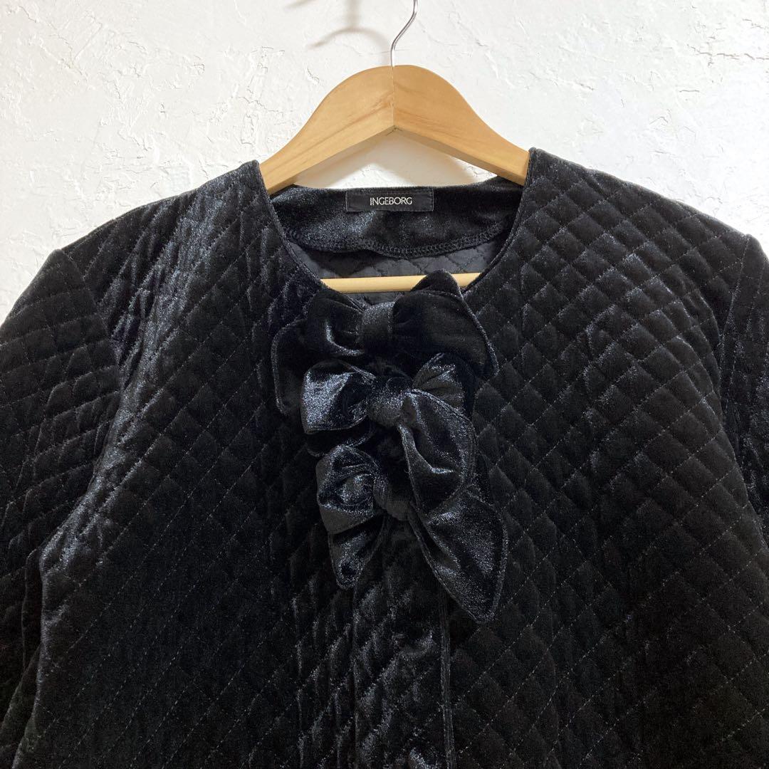 INGEBORG リボン ブラックベルベット　ノーカラー ベロア