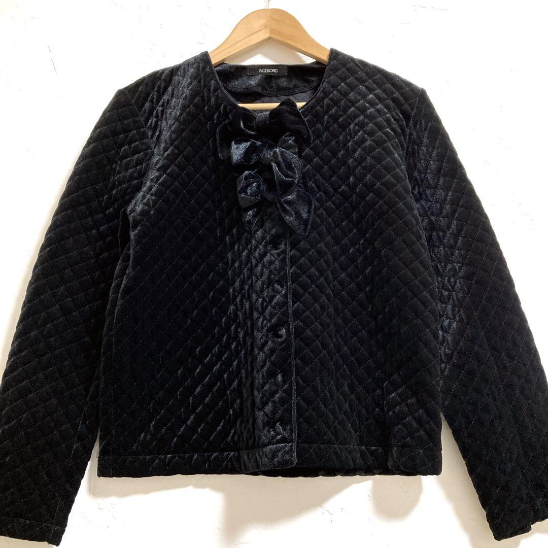 INGEBORG リボン ブラックベルベット　ノーカラー ベロア