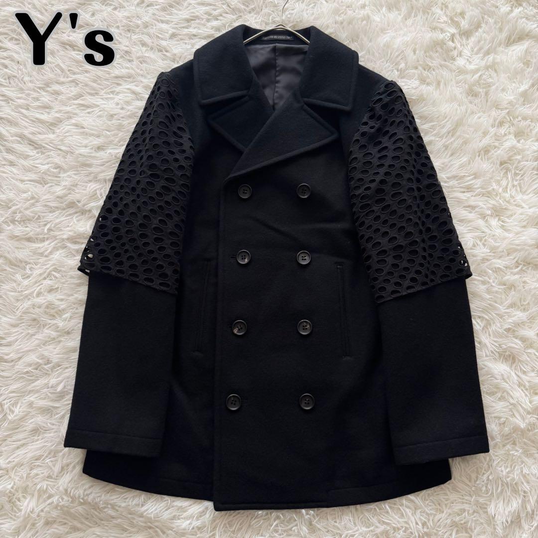 【ワイズ】チェスターコート　ダブル 装飾　カットワーク　黒　サイズ4