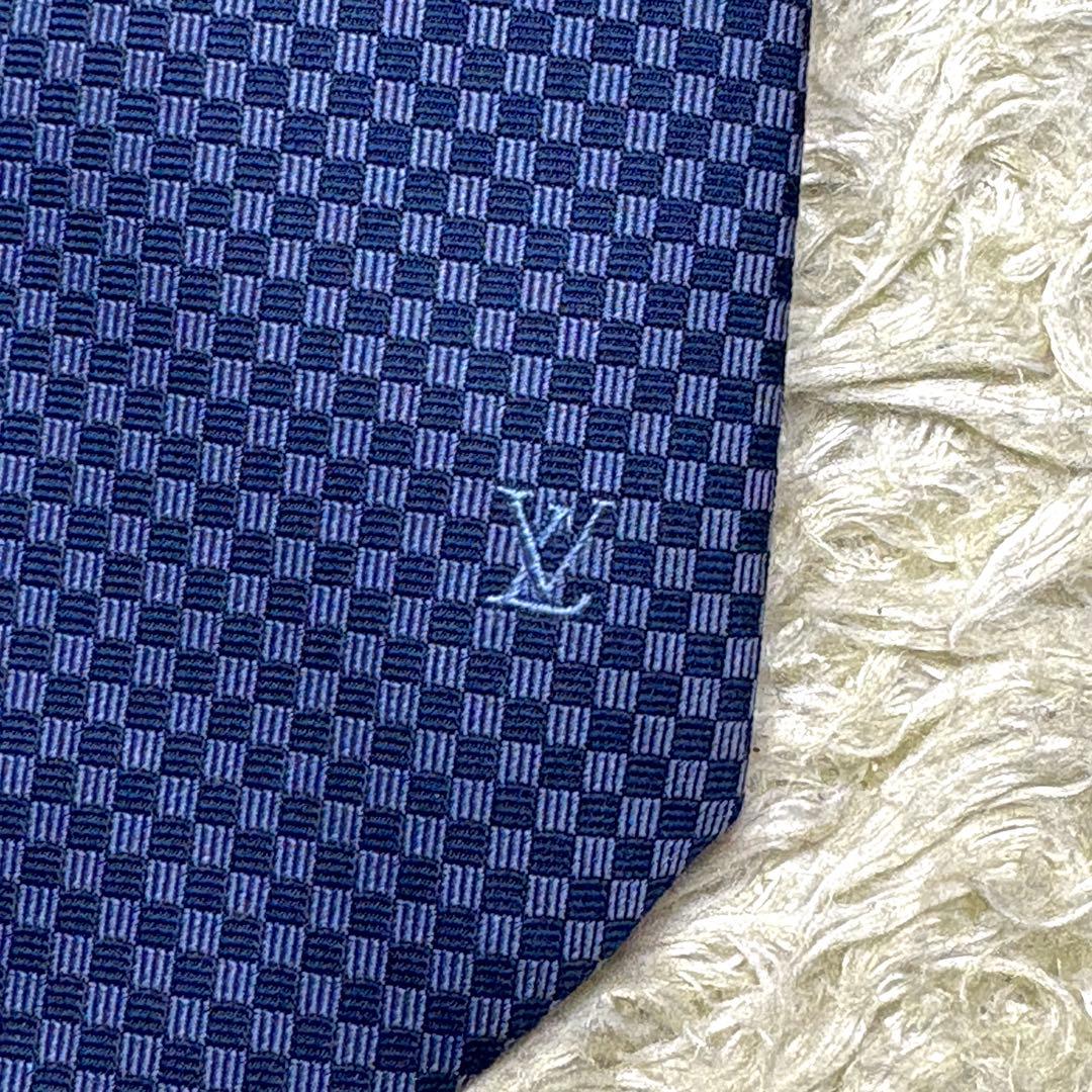 【極美品✨現行】ルイヴィトン シルクネクタイ マイクロダミエ LVロゴ マリーヌ