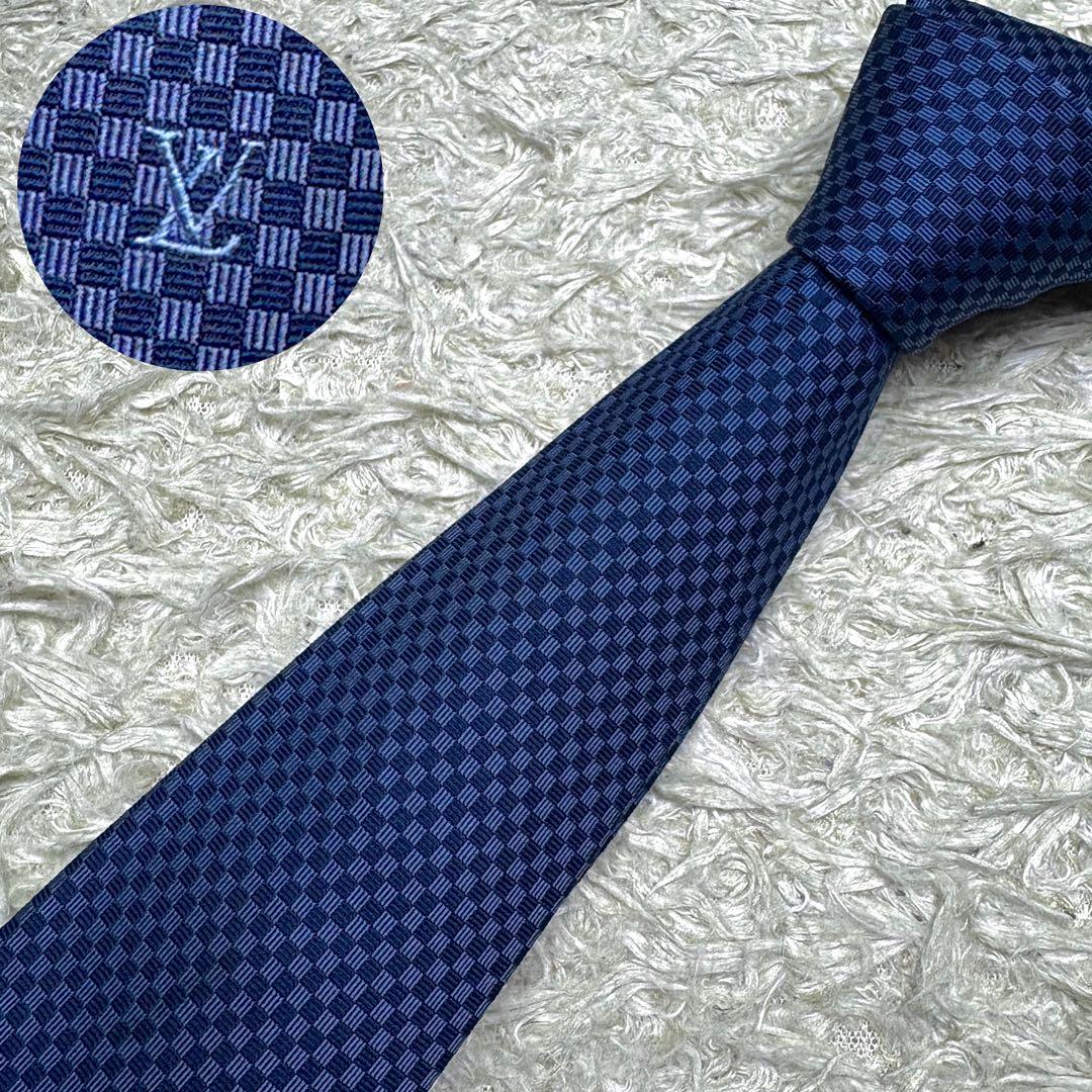 【極美品✨現行】ルイヴィトン シルクネクタイ マイクロダミエ LVロゴ マリーヌ