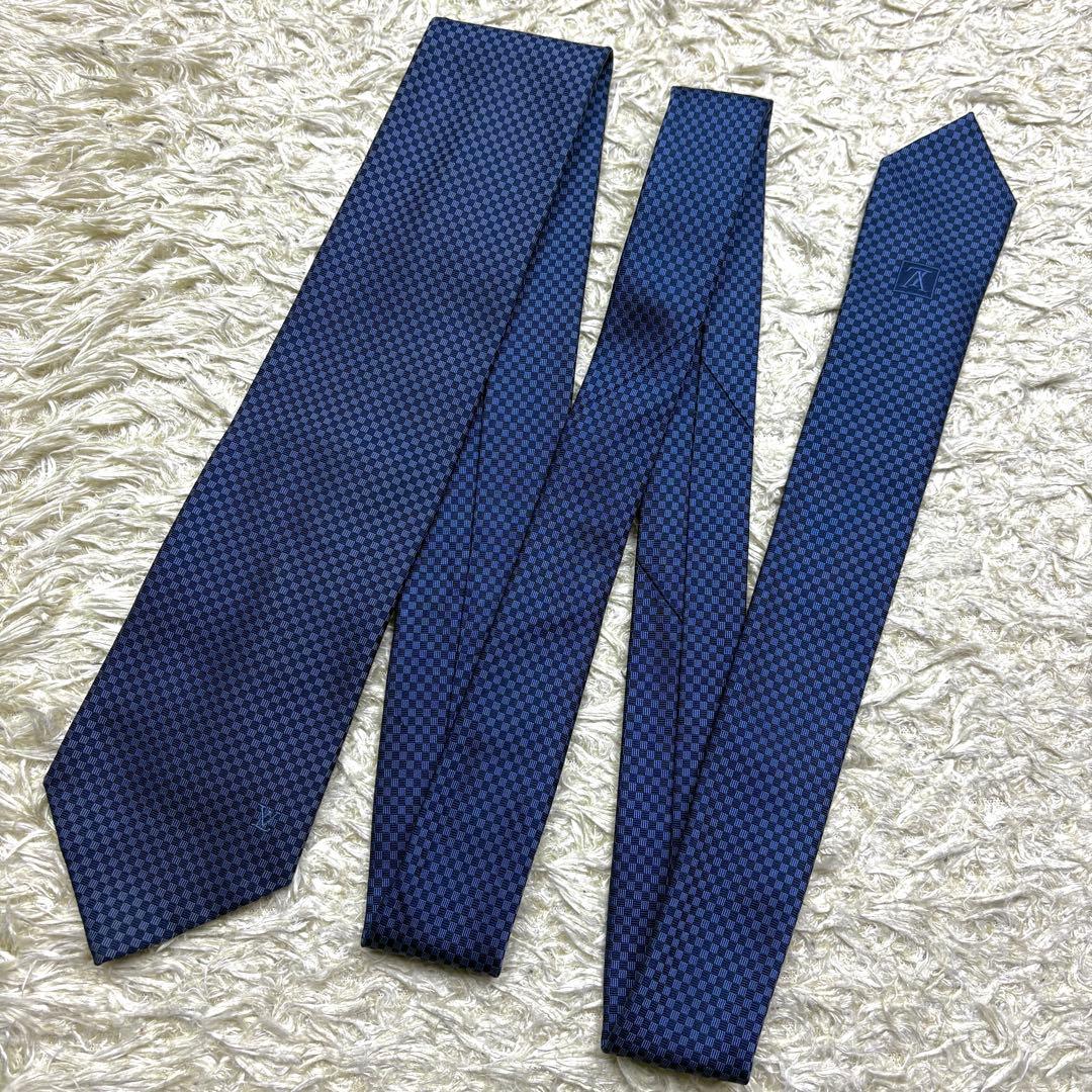 【極美品✨現行】ルイヴィトン シルクネクタイ マイクロダミエ LVロゴ マリーヌ