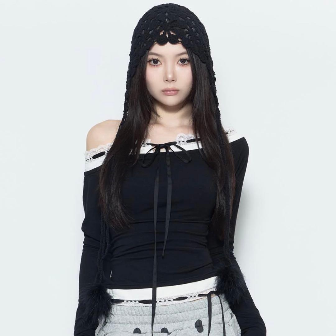 トップス S lace trim off shoulder tops black