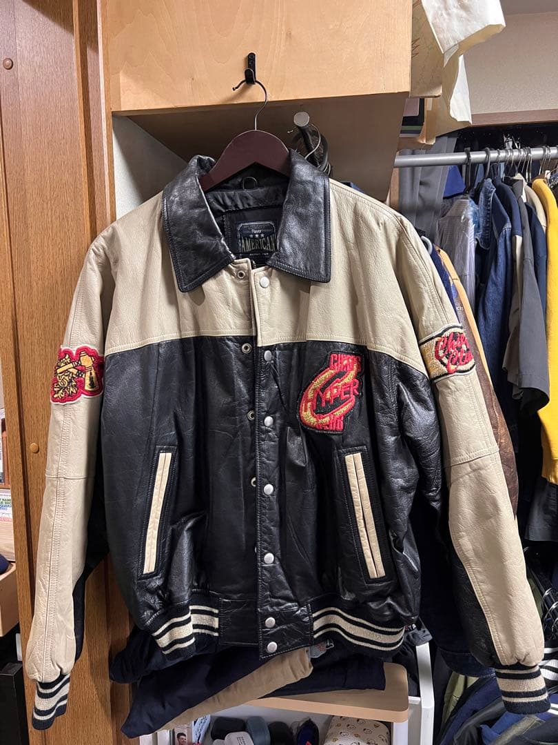 レザースタジャン　刺繍パッチ付き　アメカジ