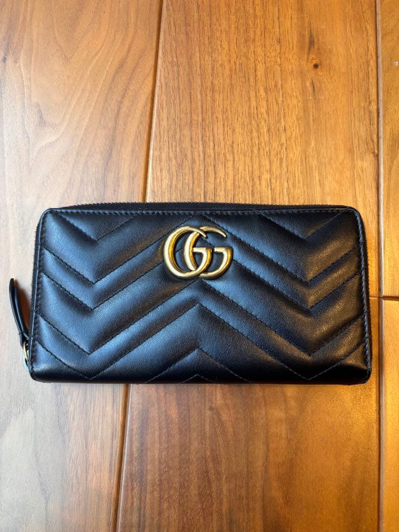 【美品】GUCCI ラウンドファスナー　キルティング　ＧＧマーモント　ブラック