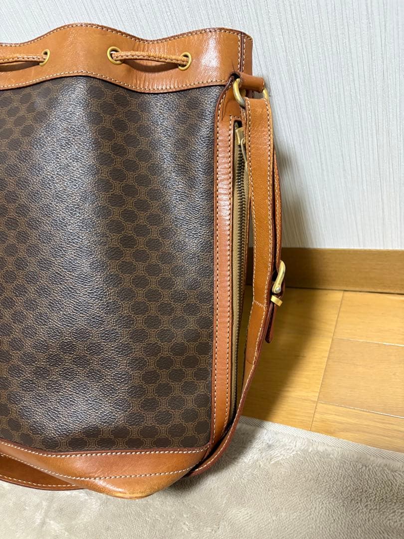 CELINE マカダム柄 巾着ショルダーバッグ ブラウン