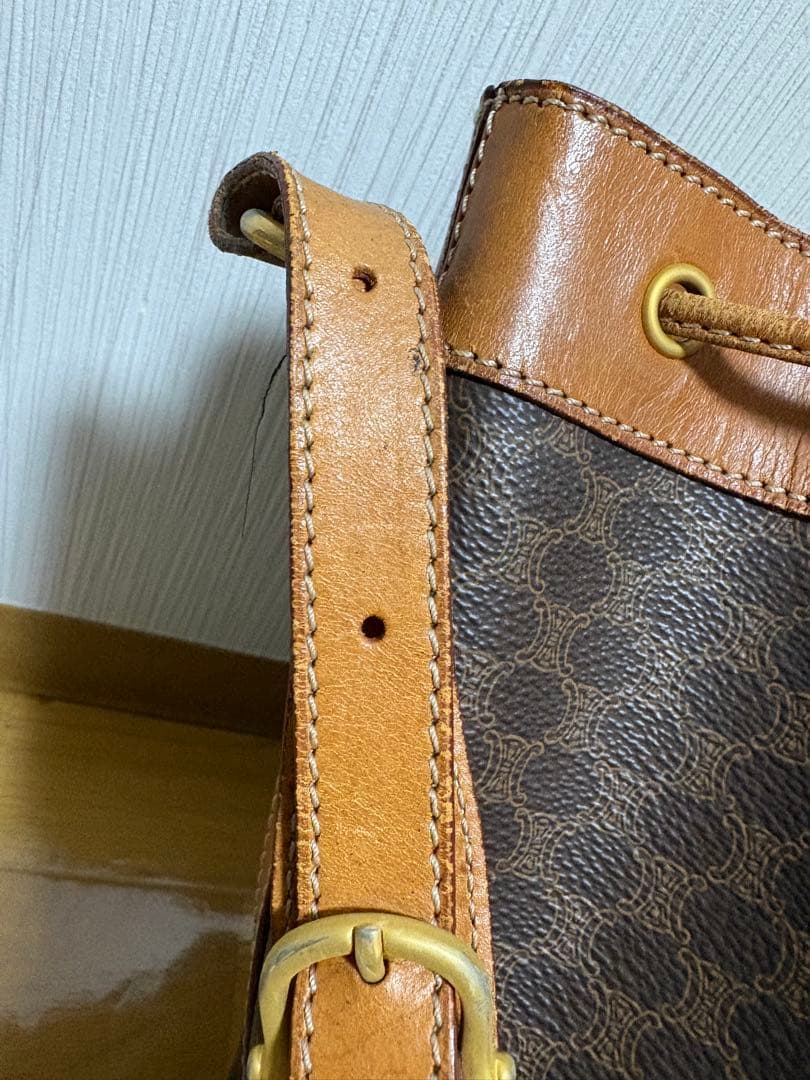 CELINE マカダム柄 巾着ショルダーバッグ ブラウン