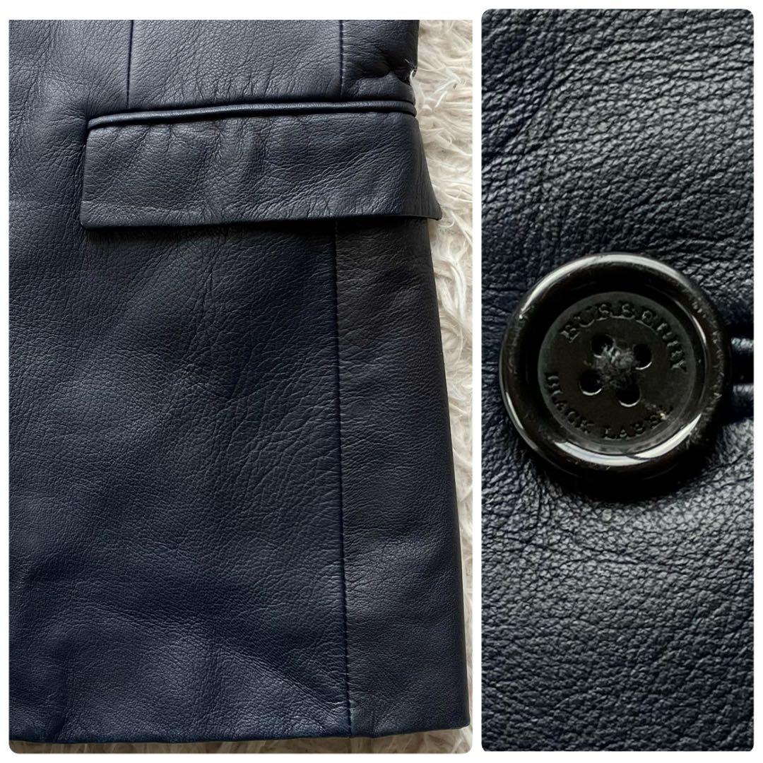 【希少L 羊革】バーバリーブラックレーベル　レザーテーラードジャケット　ネイビー