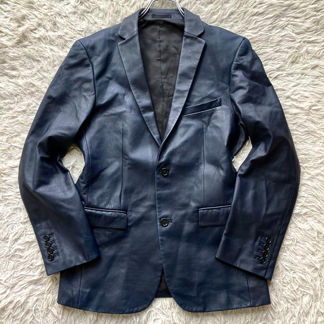 【希少L 羊革】バーバリーブラックレーベル　レザーテーラードジャケット　ネイビー