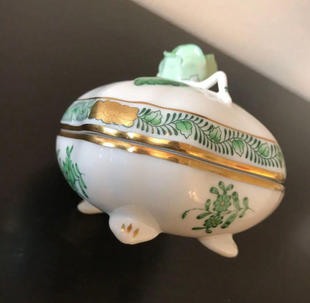 ヘレンド アポニーグリーン 小物入れ HEREND グリーンのバラ 蓋付小物入