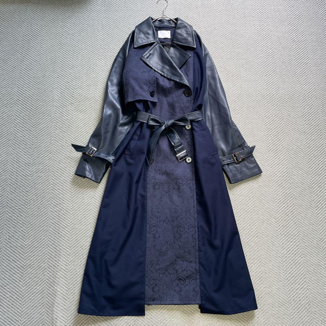 極美品　HARE　フェイクレザーイソザイトレンチコート　レース　ネイビー　ベルト