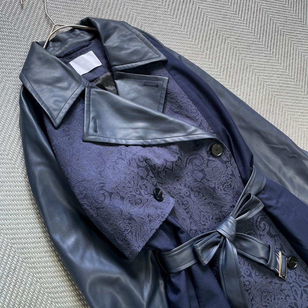 極美品　HARE　フェイクレザーイソザイトレンチコート　レース　ネイビー　ベルト