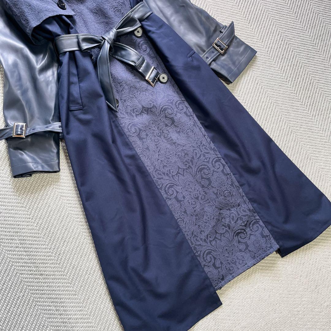 極美品　HARE　フェイクレザーイソザイトレンチコート　レース　ネイビー　ベルト