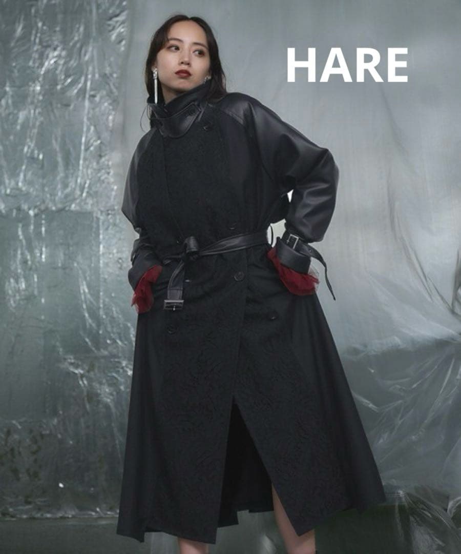 極美品　HARE　フェイクレザーイソザイトレンチコート　レース　ネイビー　ベルト