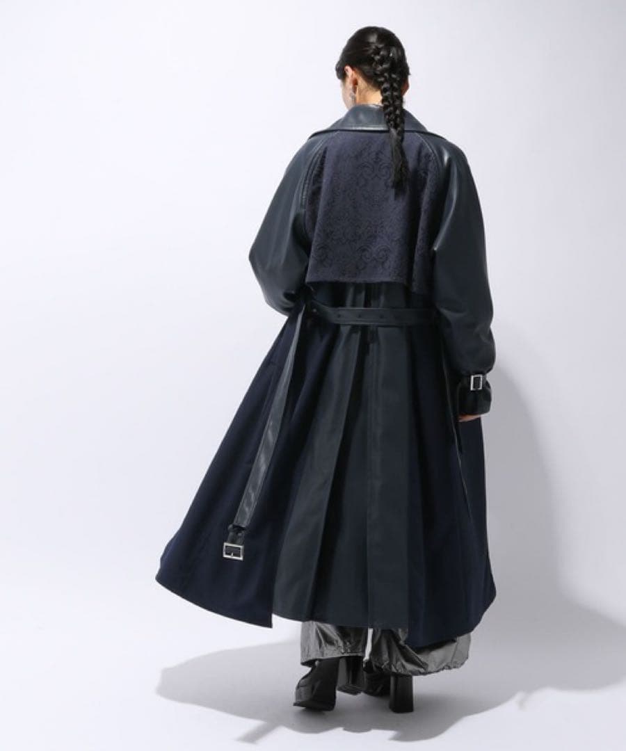 極美品　HARE　フェイクレザーイソザイトレンチコート　レース　ネイビー　ベルト