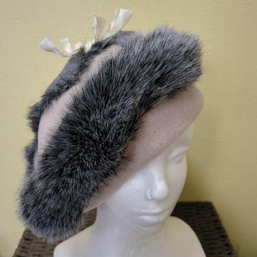 カシラ　猫デザイン ベレー帽 グレー ピンク